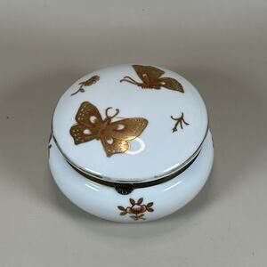 Vintage Porcelain Butterfly Trinket Box Andrea by Sadek Japan White Gold Round
